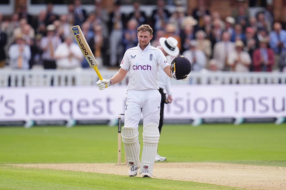 | Photo: John Walton/PA via AP : England vs Sri Lanka 2nd Test Day 1: England's Joe Root celebrates his century